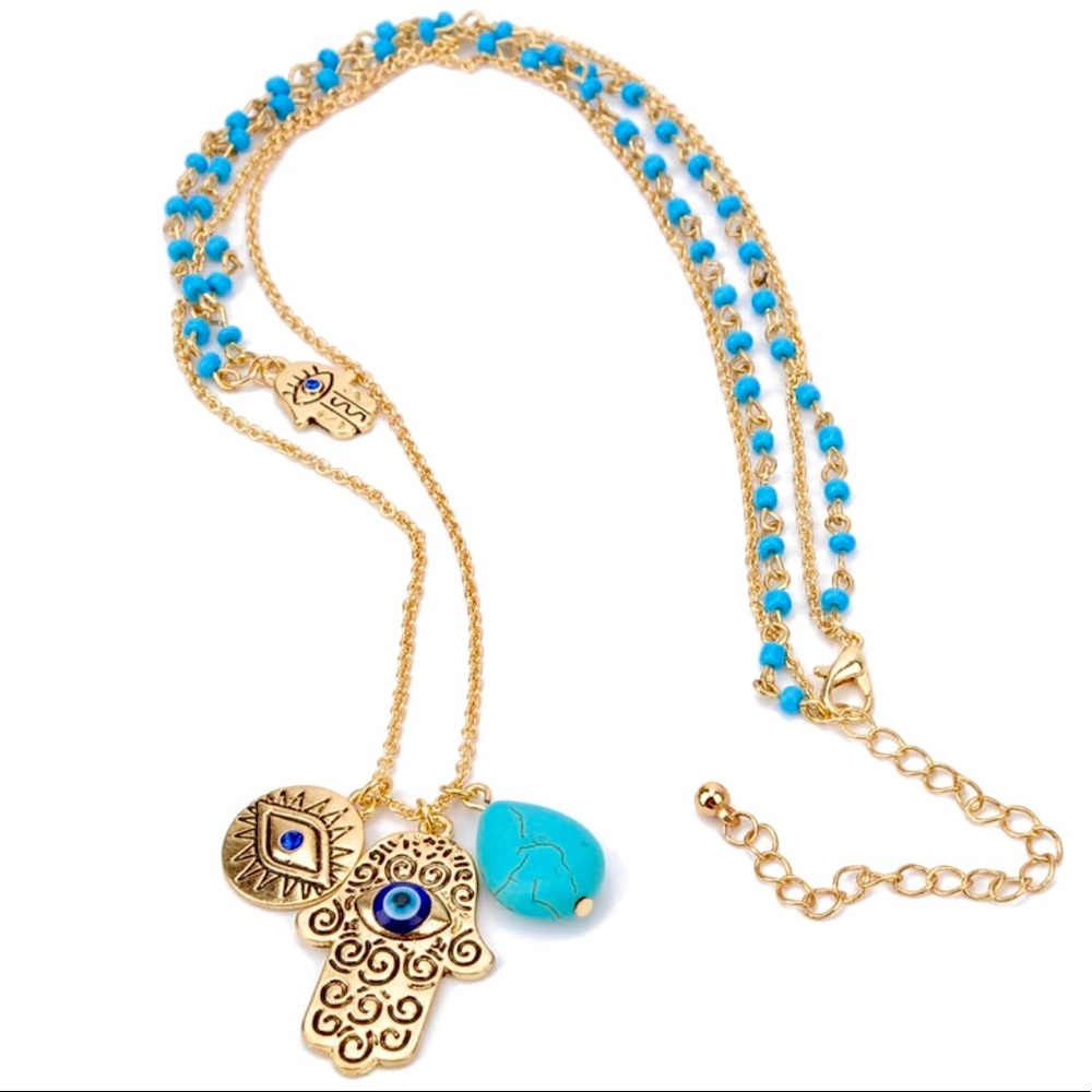 New two Layers Evil Eye Hamsa Necklace